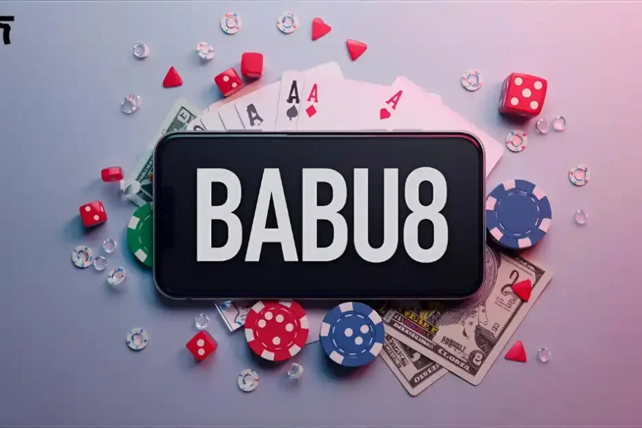 "Cards, chips, dice, and money displayed on a smartphone with a large overlay text ‘babu88 বাজি’."