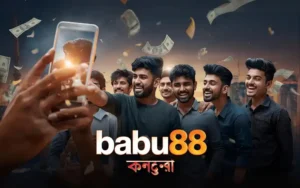 "Young people celebrating with a smartphone in front of Dhaka city background, with confetti, glowing screen, money, and casino cues. Overlay text ‘babu88 বাজি’."